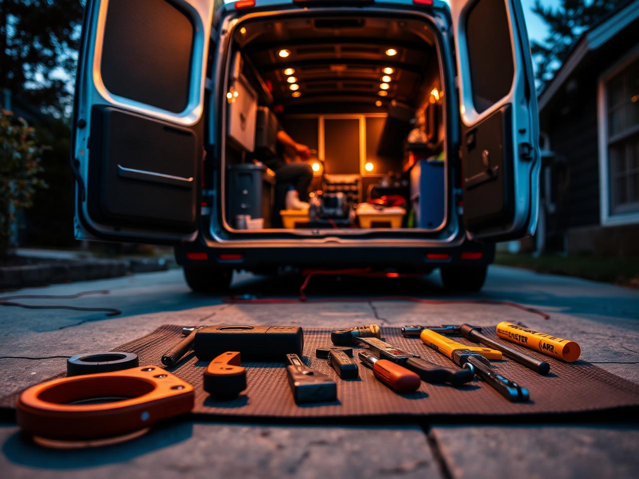 Mobile mechanic van at customer driveway